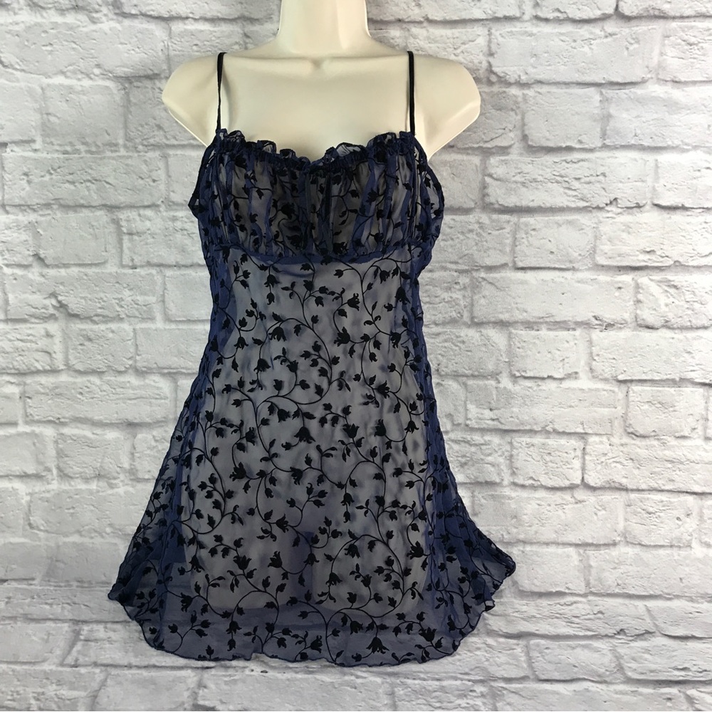 Vintage RARE Velvet Burnout Victoria’s Secret Milkmaid‎ Slip Deep Blue CTRR